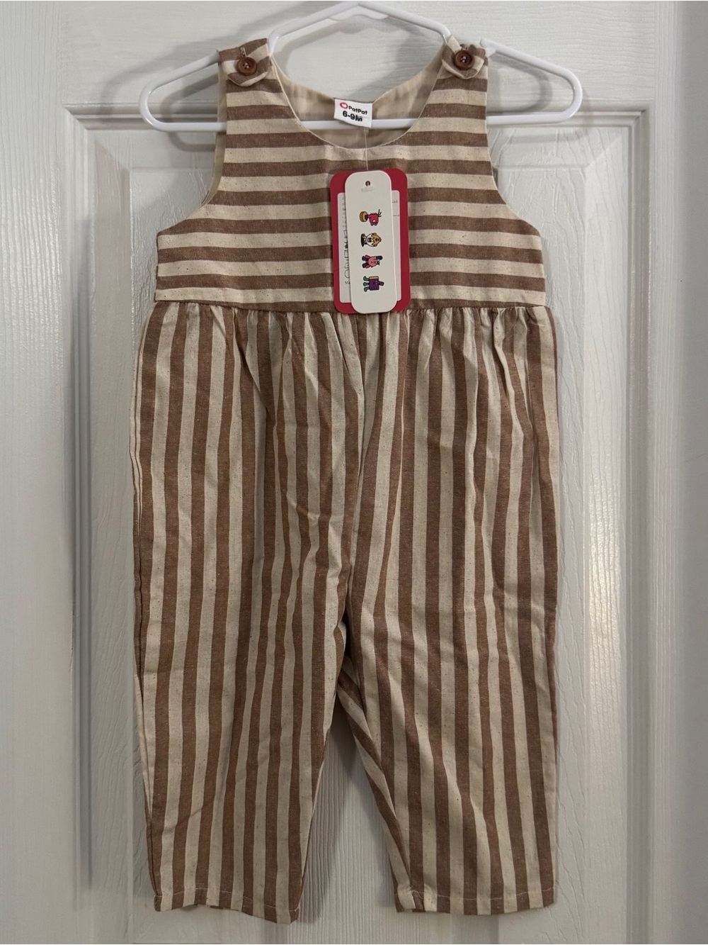 NWT PatPat Baby Unisex Neutral Tan & Cream Striped Overalls 100% Cotton